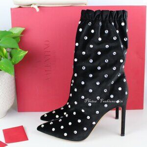 NEW Valentino Garavani Jeweled Crystal Velvet Ankle Boots, Black, EU 37.5